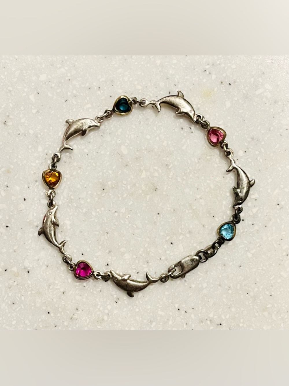 Vintage 925 Sterling Silver Dolphin Link Bracelet with Multicolor Gem Accents